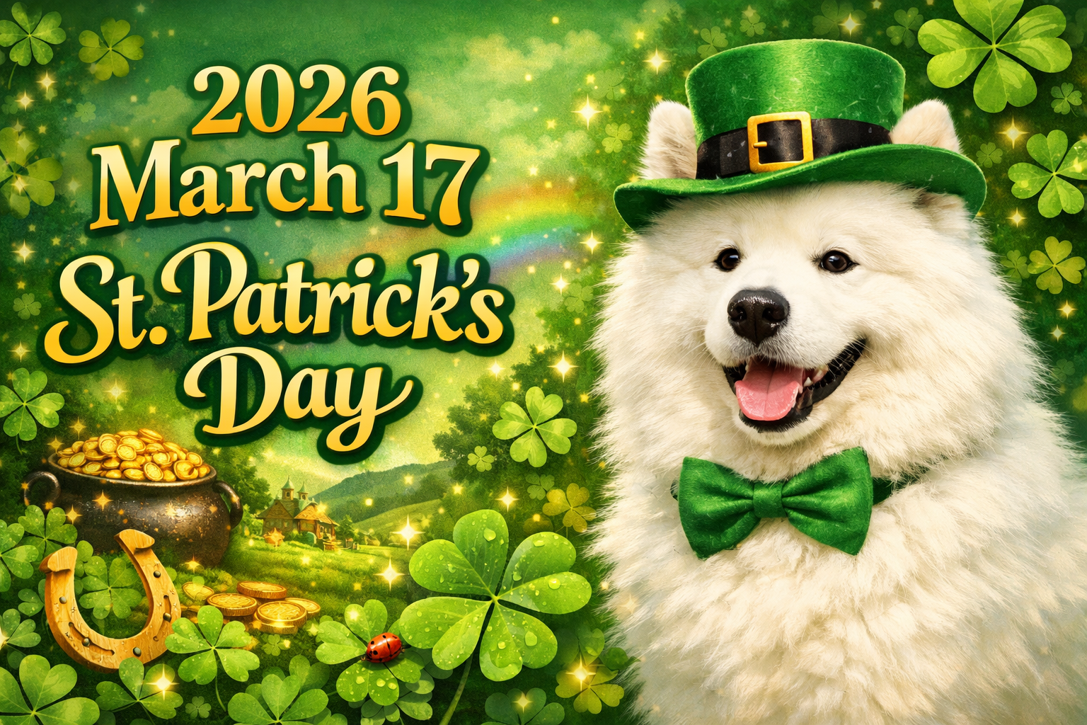 緑の帽子をかぶった白い犬のクローズアップ。左側には「2026 March 17 St. Patrick's Day」の文字、金貨のポット、蹄鉄が描かれている。