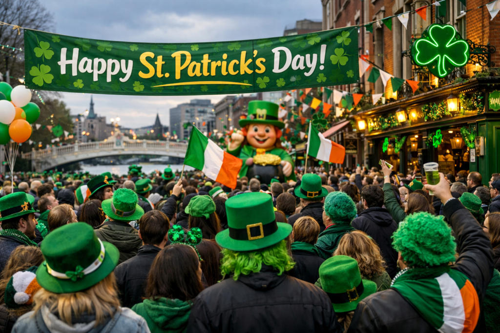 聖パトリックの日のパレードで賑わうアイルランドの街並み。緑の服や帽子を身につけた大勢の群衆が「Happy St. Patrick's Day!」の横断幕を見上げている。