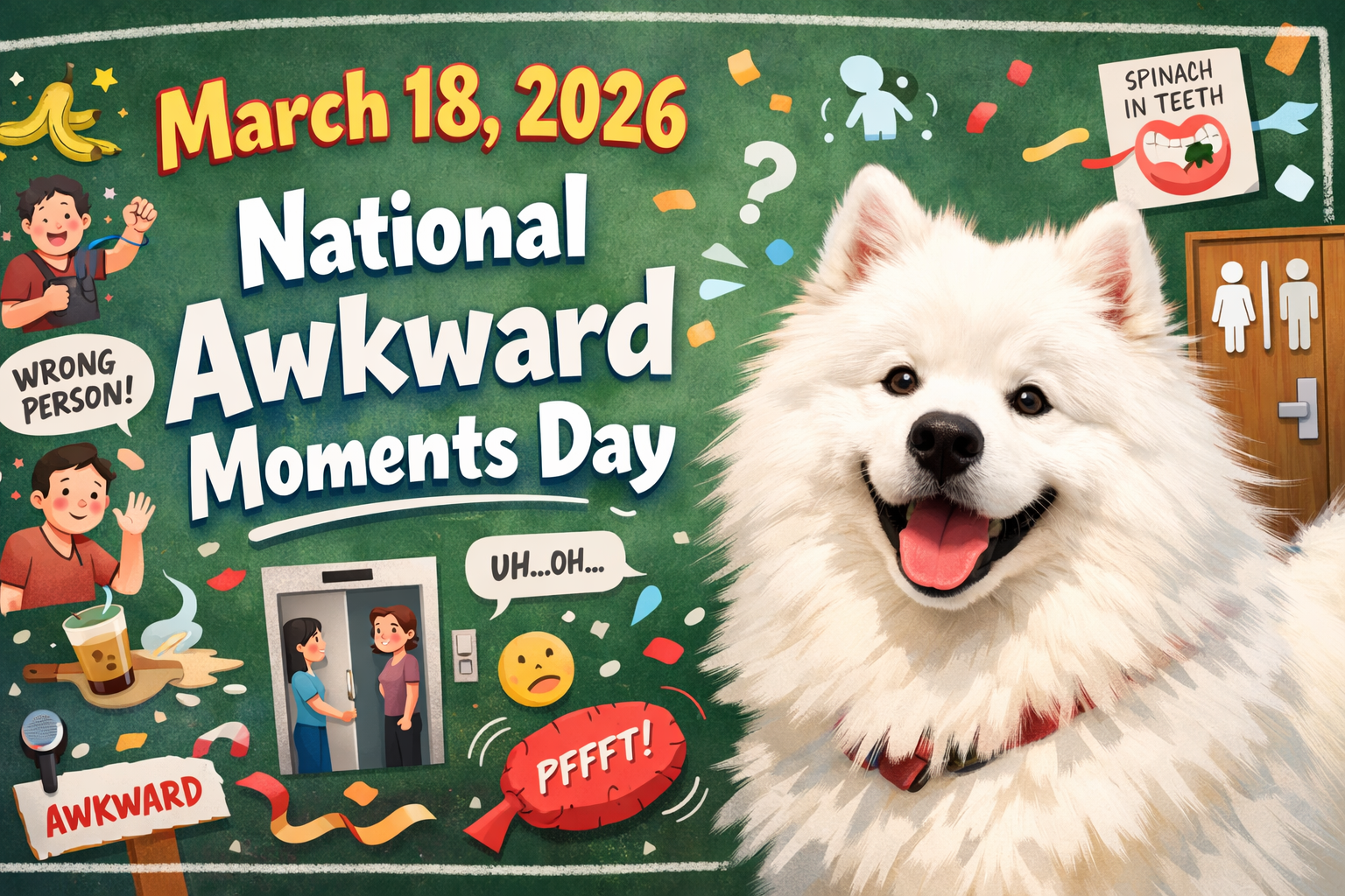 緑の黒板を背景にしたイラスト。中央にサモエド犬の顔があり、周囲には「Wrong Person!（人違い）」や「Spinach in Teeth（歯にほうれん草）」といった気まずい状況のアイコンが描かれている。