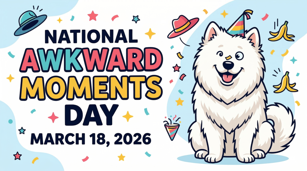 白い背景に、パーティーハットを被ったサモエド犬のキャラクターイラスト。「NATIONAL AWKWARD MOMENTS DAY」のカラフルな文字と、空から降ってくるバナナの皮や帽子が描かれている。
