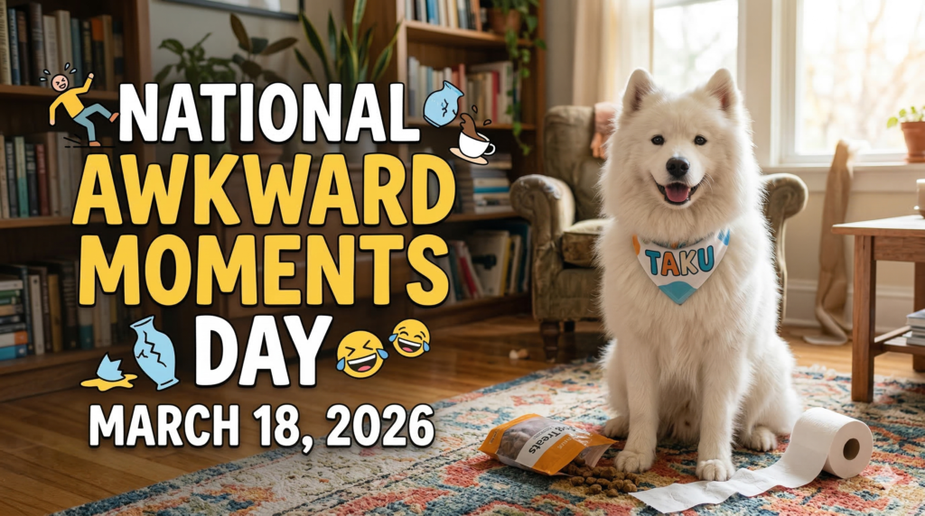 散らかったリビングに座る、"TAKU"という名札をつけたサモエド犬の実写合成風イラスト。足元にはこぼれたドッグフードとトイレットペーパーがあり、背景の棚では花瓶が割れている。