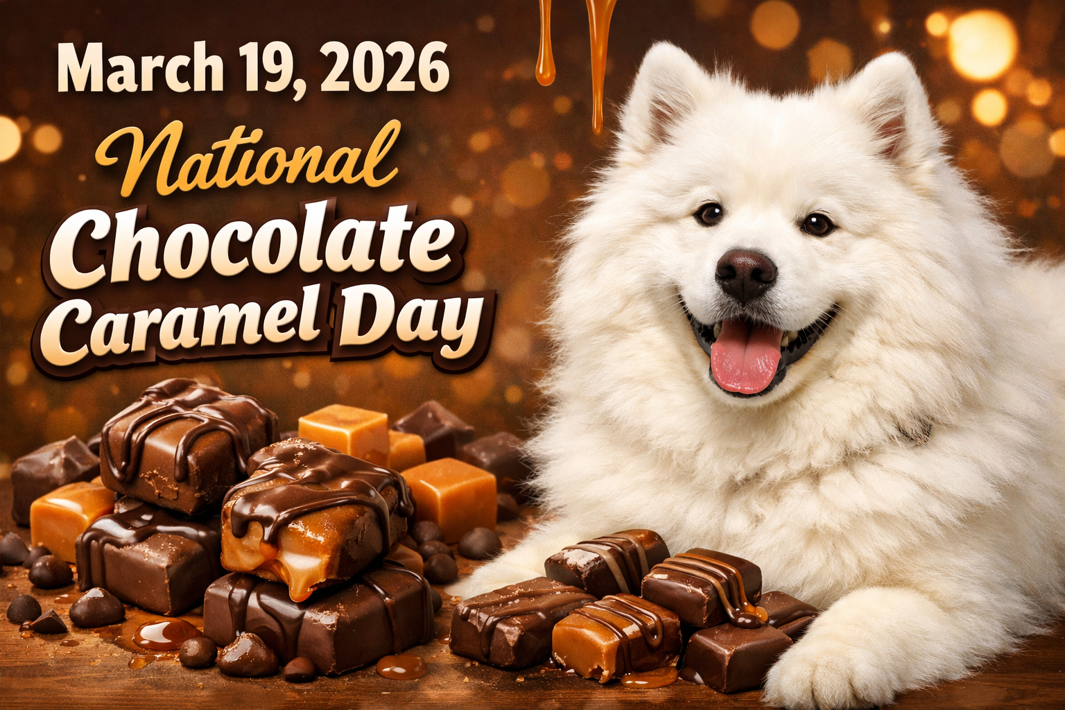 チョコレートとキャラメルの菓子に囲まれた、笑顔の白いサモエド犬のポートレート。上部に「March 19, 2026」と「National Chocolate Caramel Day」のテキスト。