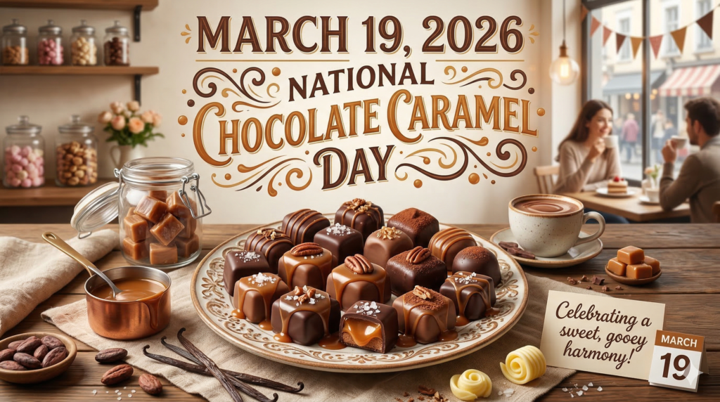 チョコレート・キャラメル・デーのテーブルセッティング。上部に「March 19, 2026」と「National Chocolate Caramel Day」のテキスト。背景にカフェの客。