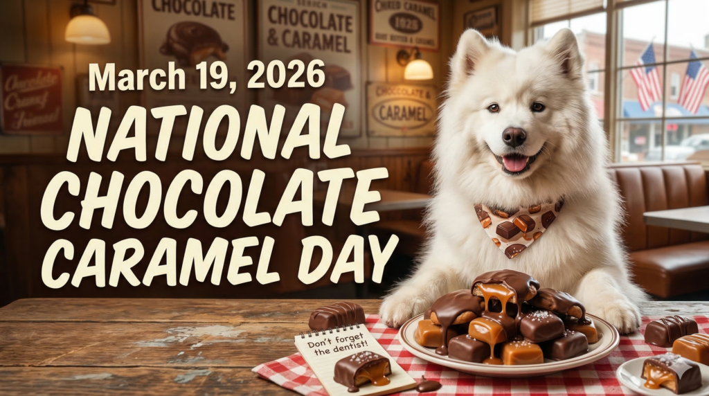 カフェのような背景に、笑顔のサモエド犬とチョコレート・キャラメルの山。上部に「March 19, 2026」と「National Chocolate Caramel Day」のテキスト。