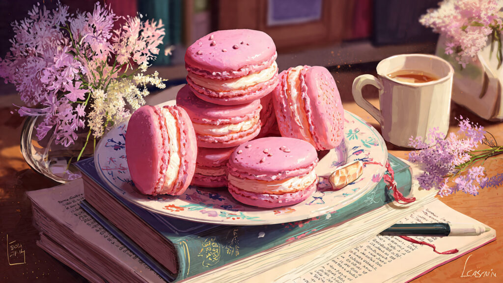 ピンクのマカロンが積み重なった皿と、本や花、紅茶が並ぶ温かみのあるイラスト