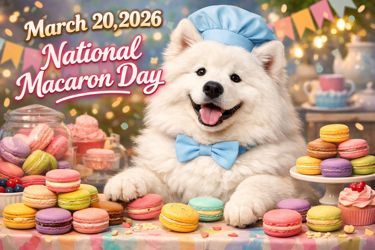 マカロンに囲まれたサモエド犬と「March 20, 2026 National Macaron Day」の文字