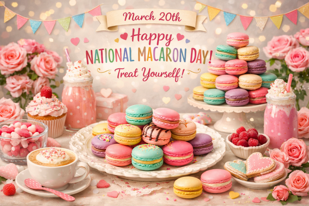 マカロンやドリンク、花で飾られたスイーツテーブルと「Happy National Macaron Day」の文字