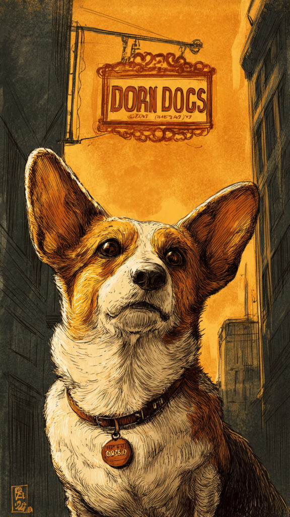 低いアングルから描かれたコーギーが街のビル群を背景に立ち、頭上には「DORN DOGS」と書かれた看板が吊り下がっているイラスト。