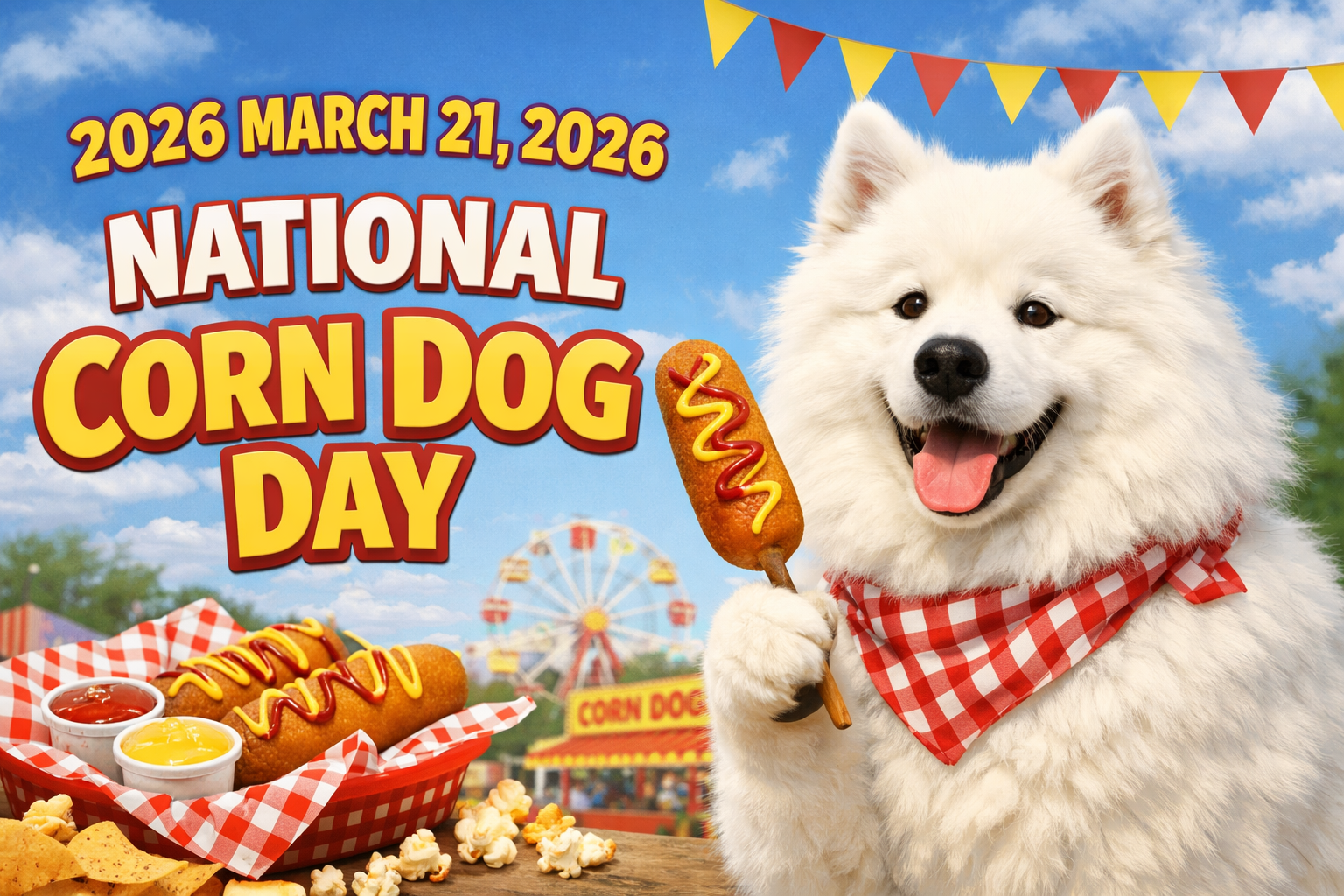 白いふわふわの犬が赤いチェック柄のバンダナをつけ、コーンドッグをくわえている。前にはコーンドッグやポップコーンが並び、背景には観覧車と屋台がある。