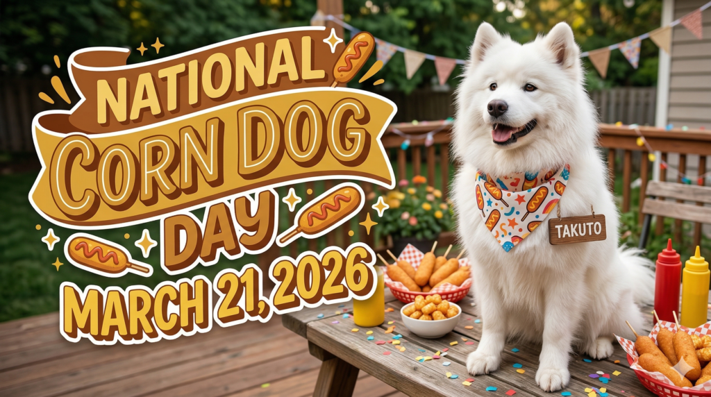 コーンドッグ柄のバンダナをつけた白い犬が、木製デッキの上でコーンドッグとテイタートッツの皿の前に座っている。背景には旗飾りと緑があり、屋外パーティーの雰囲気が漂う。