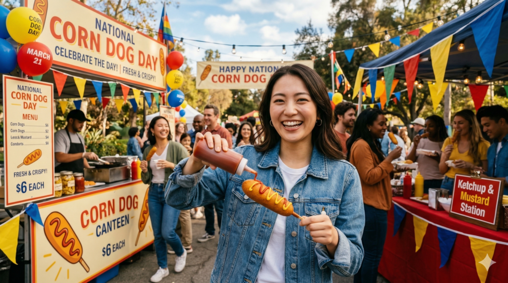 屋外イベントで、コーンドッグにケチャップをかける人の手前に、コーンドッグを楽しむ人々と装飾された屋台が並ぶ賑やかなシーン。
