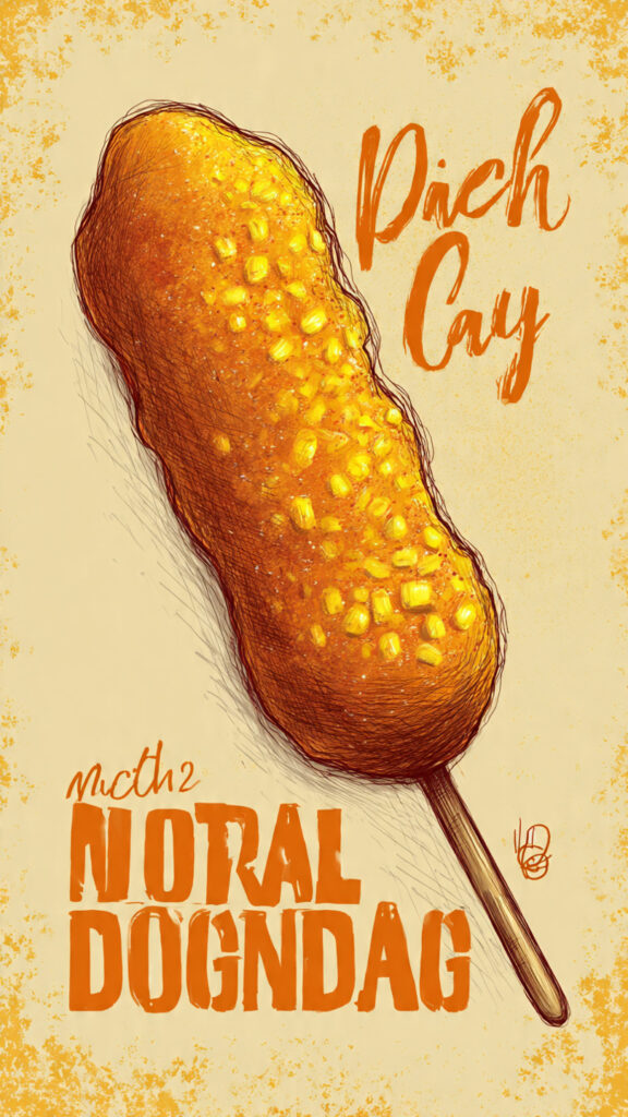 温かい色調で描かれたコーンドッグのイラスト。ザラっとした質感の背景に、手描き風の文字が添えられている。