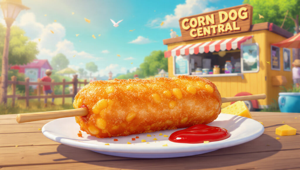 白い皿にのったコーンドッグとケチャップの横に、黄色い「CORN DOG CENTRAL」の屋台が背景に見える屋外シーン。