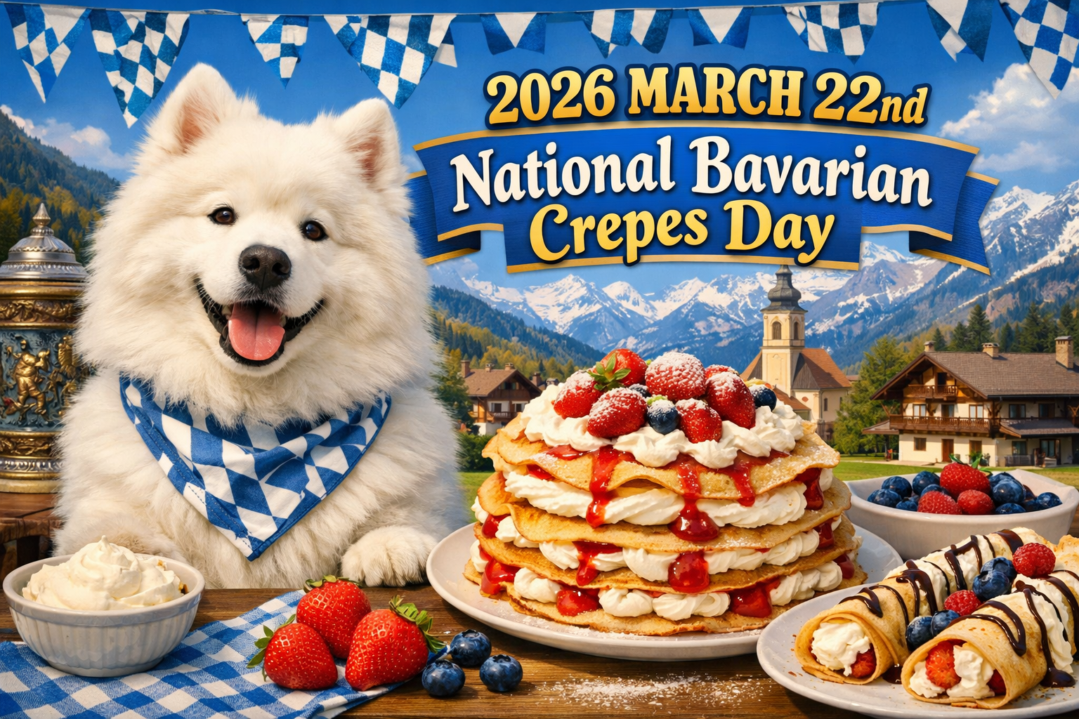 「2026 MARCH 22nd National Bavarian Crepes Day」の文字と、バイエルン柄のバンダナを巻いたサモエド犬、そして豪華なクレープタワーの画像。
