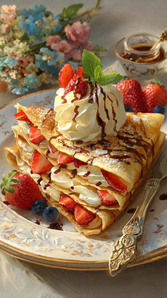 イチゴとブルーベリーがトッピングされ、チョコレートソースとホイップクリームがたっぷりかかったクレープのイラスト。