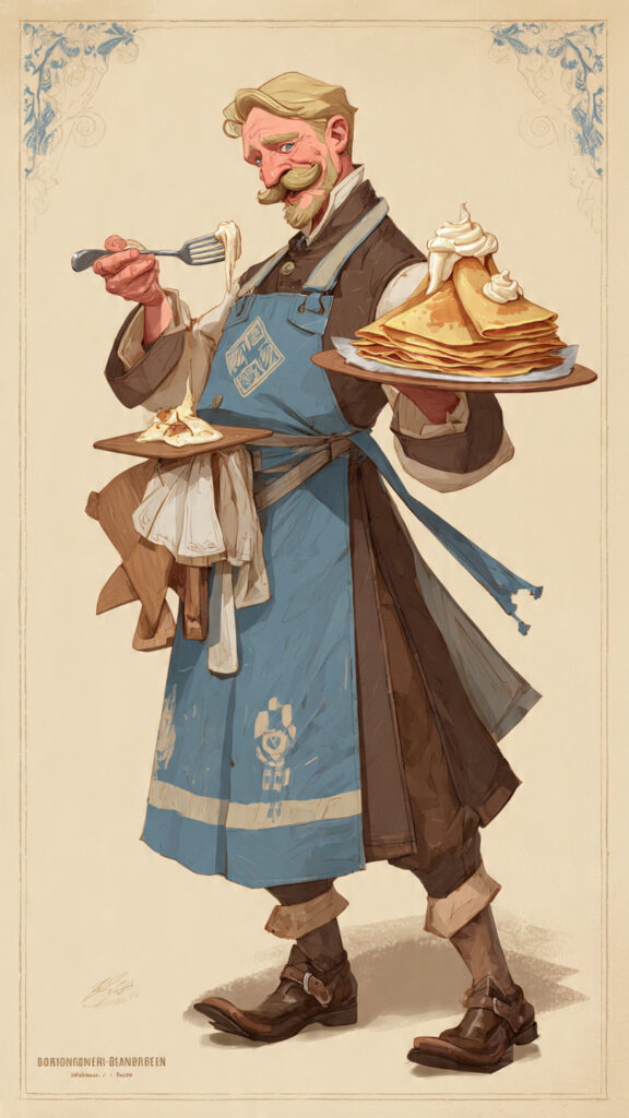 ホイップクリームがたっぷり乗ったクレープの山を持ち、フォークでクレープを味わう青いエプロン姿の男性のイラスト。