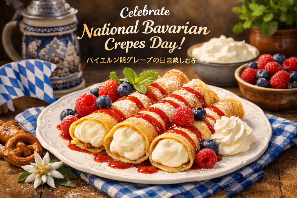 「Celebrate National Bavarian Crepes Day! バイエルン風クレープの日を楽しむ」という文字と、クリームがたっぷり詰まりベリーソースがかかったクレープの画像。