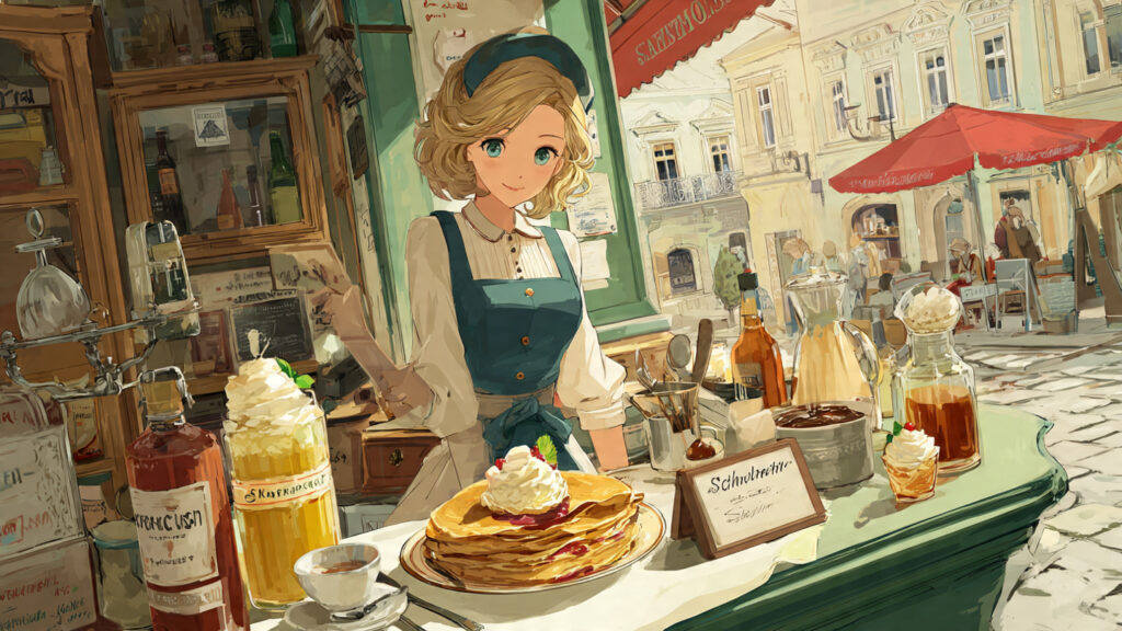 ヨーロッパの街角のカフェで、焼きたてのクレープと飲み物を提供するエプロン姿の女性のイラスト。