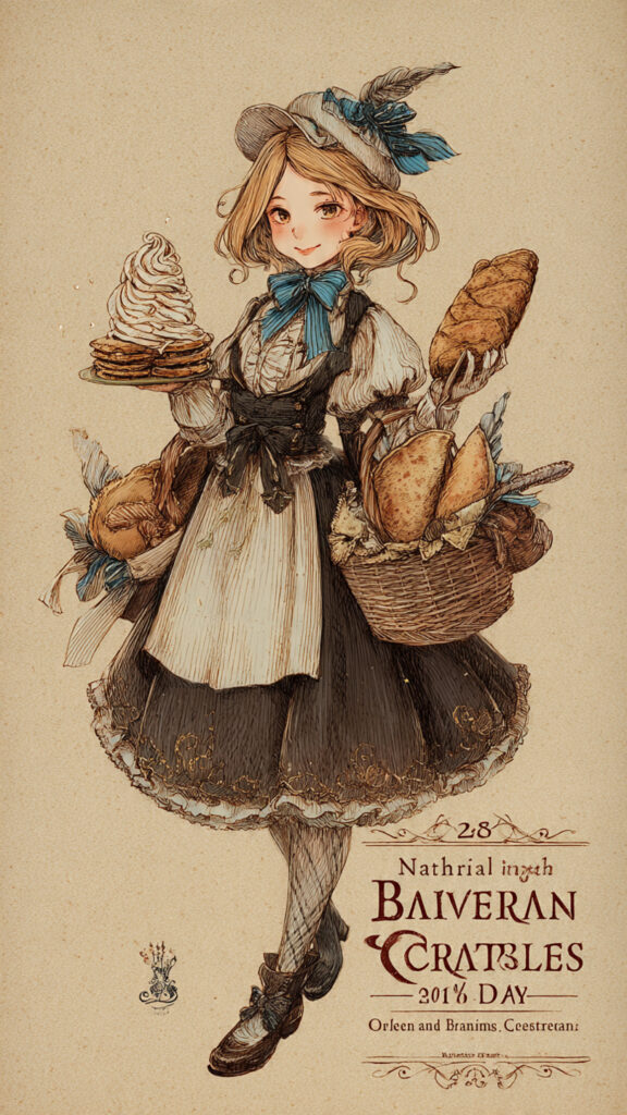 民族衣装風のドレスを着て、クレープの乗ったお皿とパンの入ったバスケットを持つ女性のレトロなポスター風イラスト。