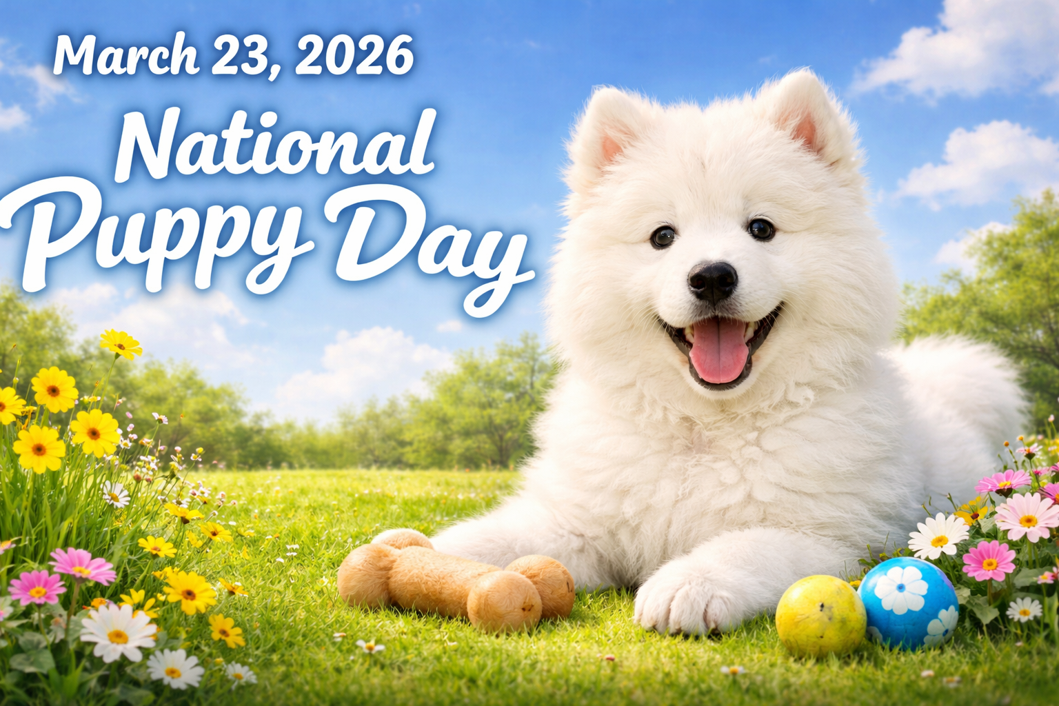 春の草原でくつろぐ白いサモエドの子犬と「National Puppy Day」のテキストが配置された画像。