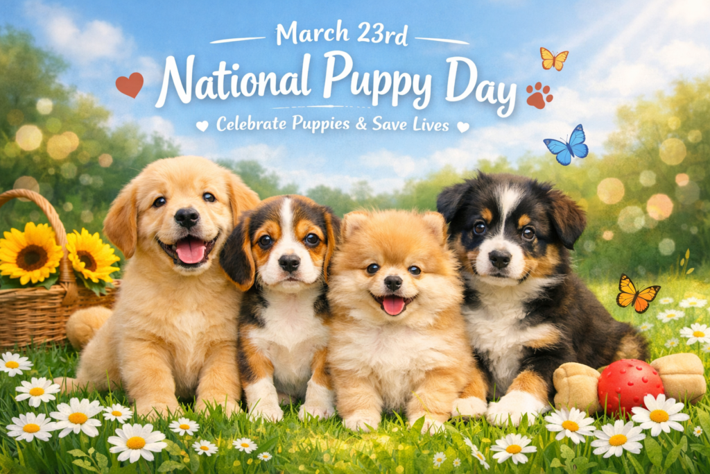草原に並んで座る4匹の様々な犬種の子犬たちと「National Puppy Day」のメッセージが描かれた画像。