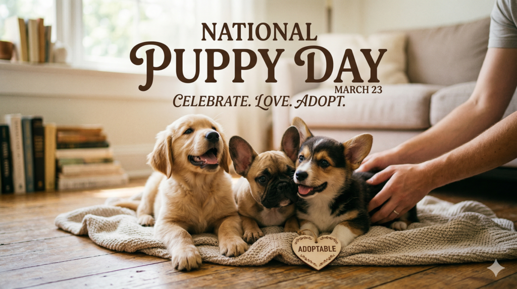 屋内で毛布の上に座る3匹の子犬と、保護犬の譲渡を呼びかける「National Puppy Day」のテキスト画像。