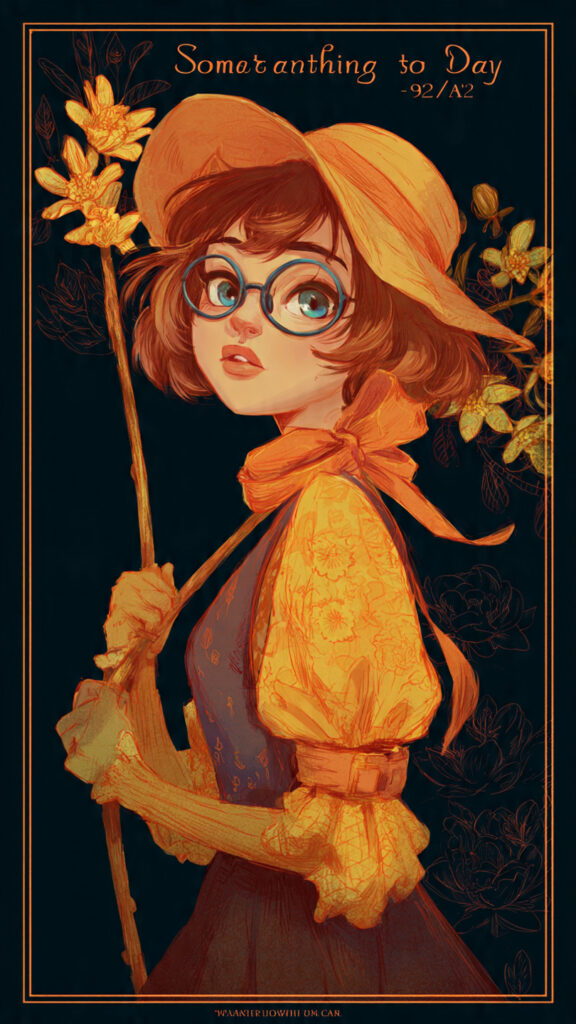 丸メガネとオレンジ色の帽子を被ったレトロな雰囲気の女の子が、黄色い花が咲く木の杖を持っているイラスト。