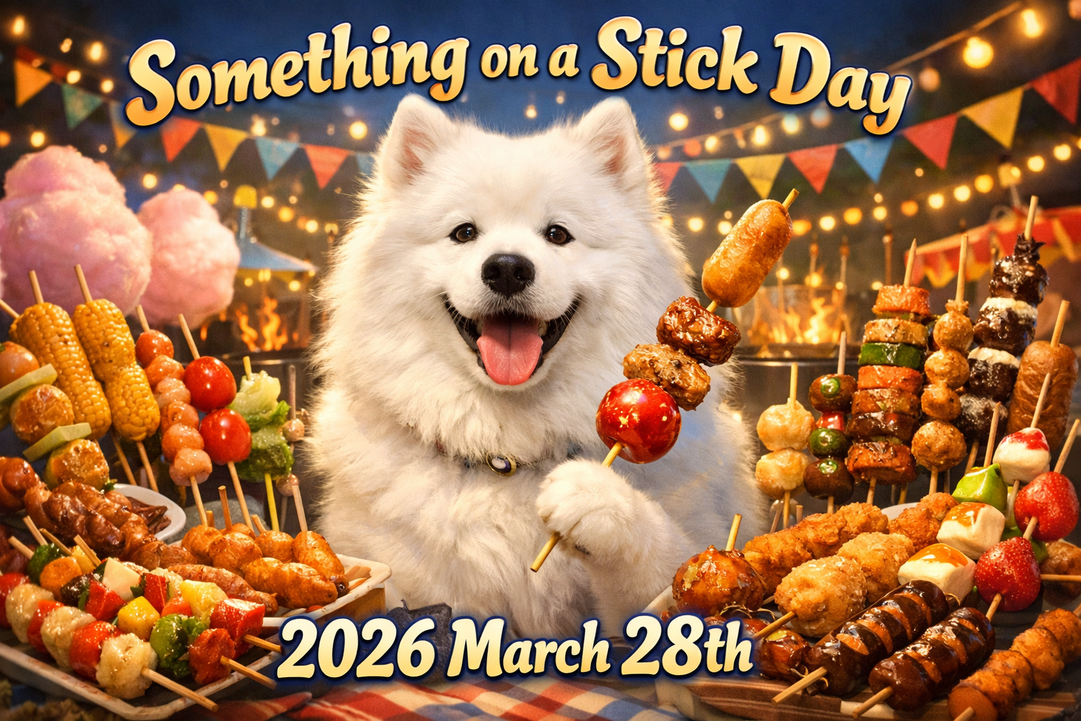 「2026年3月28日Something on a Stick Dayの看板の前に座る、記念バンダナを巻いたサモエド犬タクトと串焼き料理」