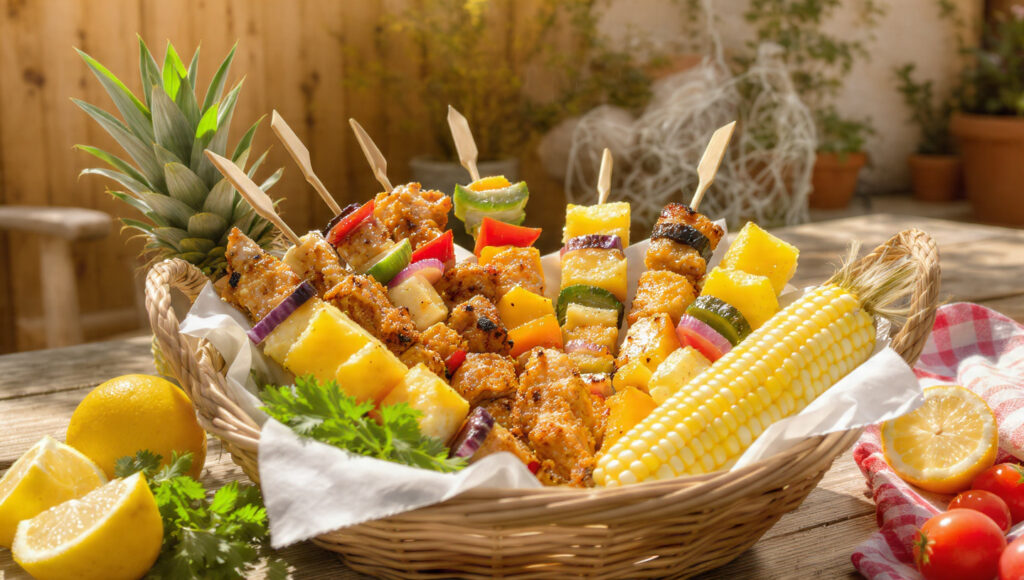 屋外の木製テーブルに置かれた、肉、パイナップル、野菜の串焼きとトウモロコシが入ったバスケット。