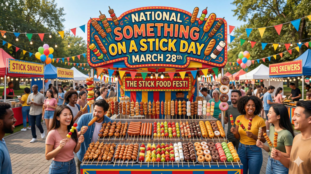 「NATIONAL SOMETHING ON A STICK DAY MARCH 28th」の看板を掲げた賑やかな屋台と、串焼きを楽しむ人々。