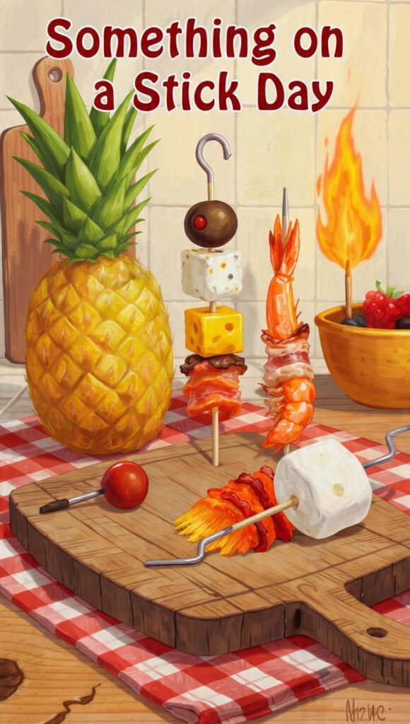 キッチンを背景に、カッティングボードの上に直立して並ぶアーティスティックな串刺し料理。パイナップル、チーズとオリーブ、エビとベーコン、マシュマロなどが描かれている。