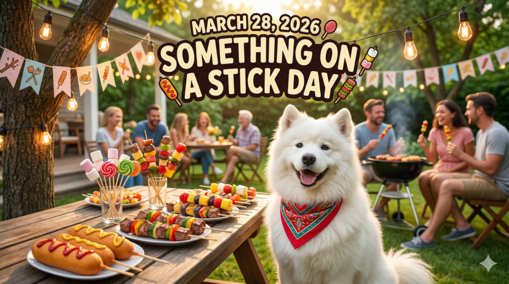 「赤い記念バンダナを巻いて、明るい庭園パーティーで笑顔を見せるサモエド犬タクトのアップショット」