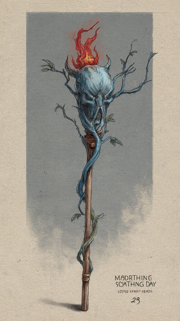青い頭蓋骨の頂点に炎が灯り、ツタが絡まった不気味でファンタジー調の木の杖のイラスト。