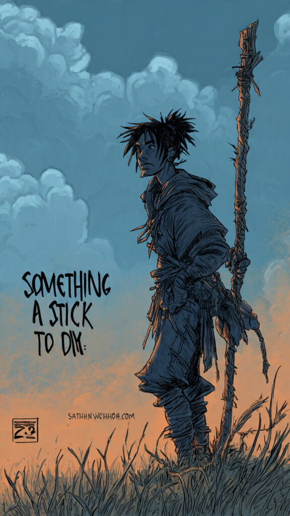 夕暮れの野原に立ち、布や縄を巻きつけた長い木の杖を持つ、ラフな服装の青年のスケッチ風イラスト。