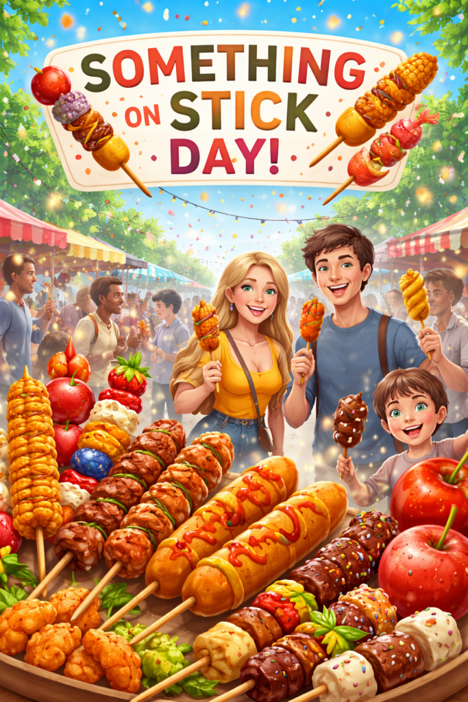 「SOMETHING ON STICK DAY!」という看板の下で、笑顔の家族や友人たちが串焼きを楽しんでいる、カラフルでポップなイラスト。