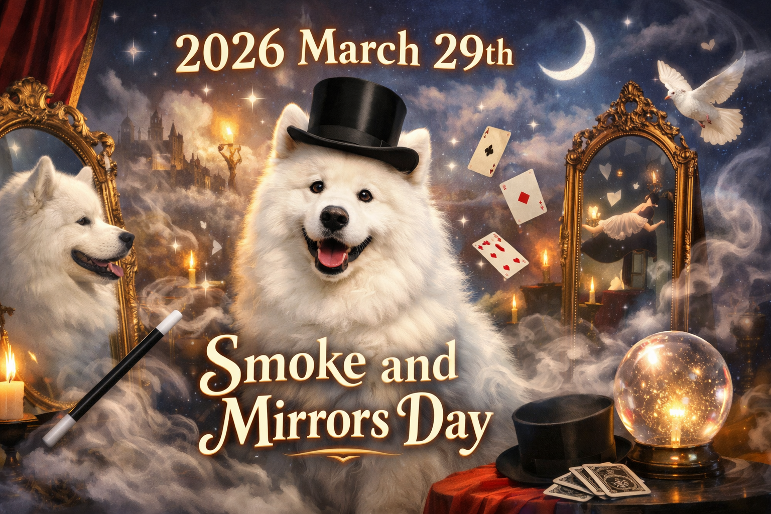 シルクハットと蝶ネクタイを身につけた白いサモエド犬が、煙と鏡に囲まれた魔法のステージに座っている画像。「Smoke and Mirrors Day」の文字と日付「March 29」がデザインされている。