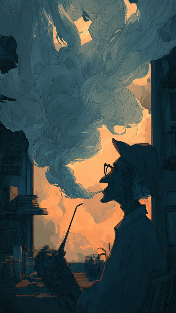 窓際でパイプを吸う帽子の男のシルエット。パイプから出た煙が大蛇のように部屋の天井を覆い尽くし、外には夕焼け空が広がっている。