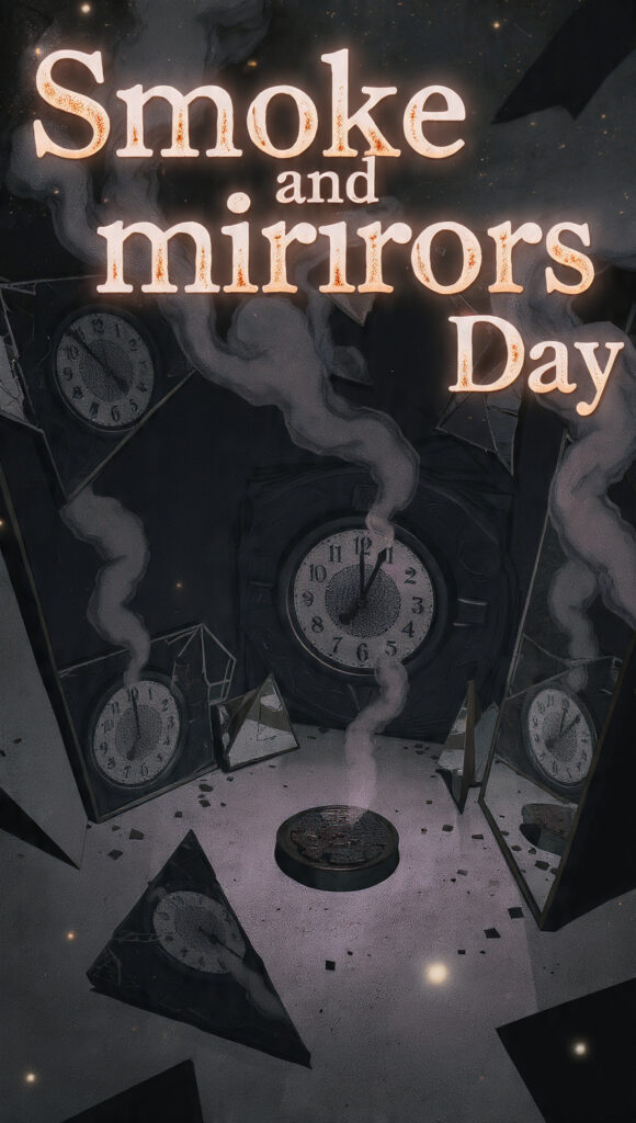 「Smoke and mirirors Day」という光る文字の下に、複数の時計、割れた鏡の破片、そしてそこから立ち上る一筋の煙が描かれたダークな静物画。