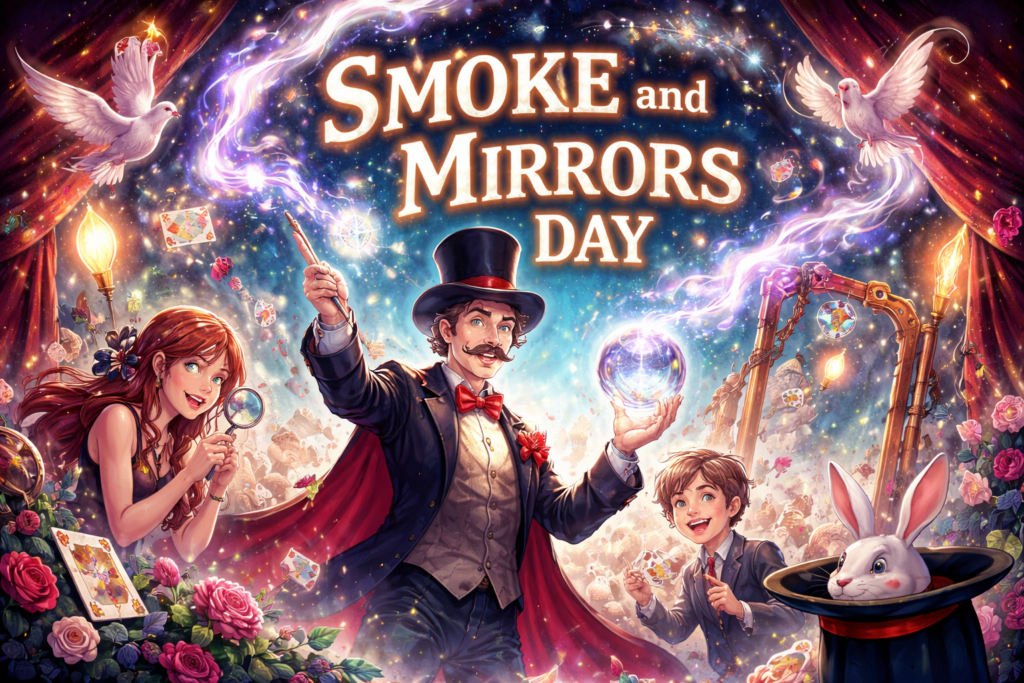 マジシャン、助手、そしてシルクハットから顔を出すウサギが描かれた、明るく賑やかなアニメ調のイラスト。「SMOKE and MIRRORS DAY」のロゴが中央に配置されている。