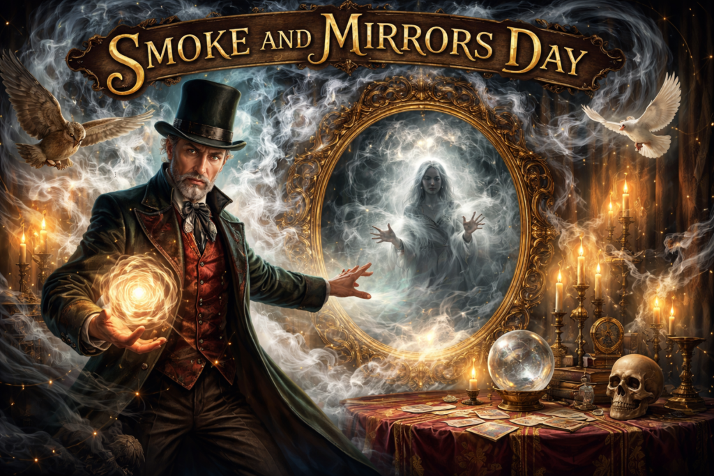 シルクハットを被った年配の熟練マジシャンが、手から光の玉を出し、鏡の中に浮かび上がる白いドレスの女性を見つめている、シネマティックでリアルな画像。