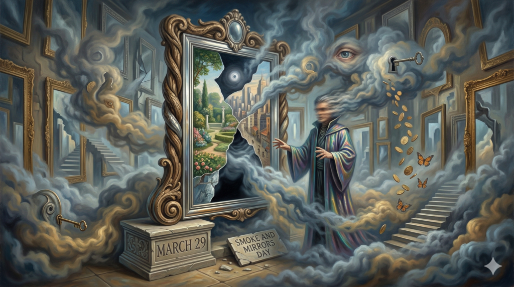 多数の浮遊する鏡と、階段、鍵、コイン、蝶が描かれた不思議な空間。中央の大きな鏡の中には、のどかな庭園と都会のビル群が背中合わせに描かれている。