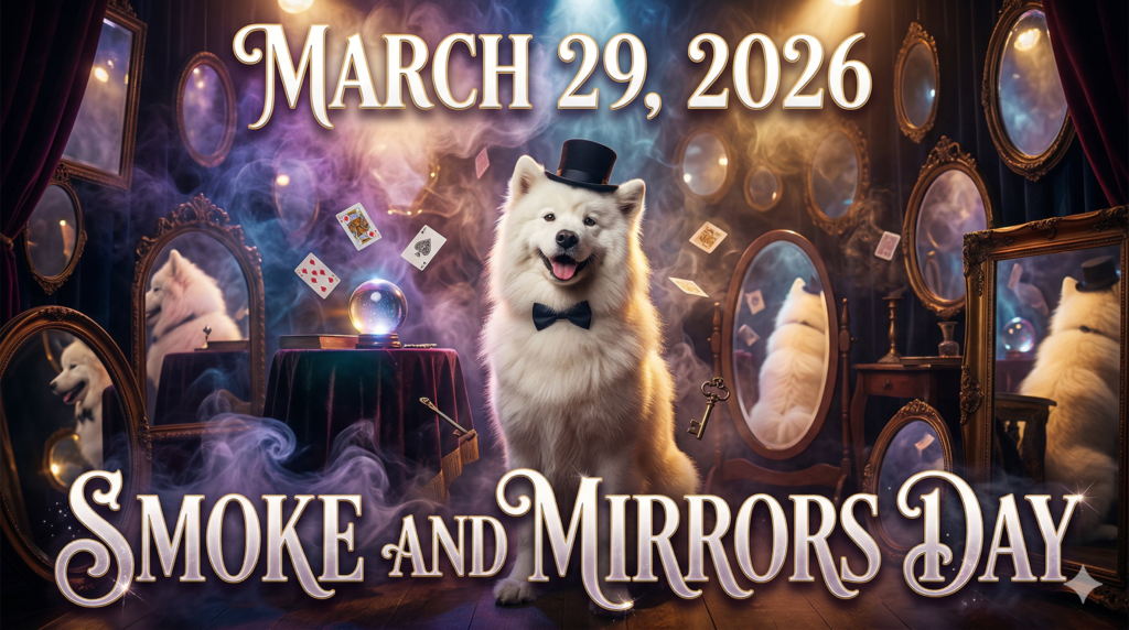 シルクハットと蝶ネクタイを身につけた白いサモエド犬が、煙と鏡に囲まれた魔法のステージに座っている画像。「Smoke and Mirrors Day」の文字と日付「March 29」がデザインされている。