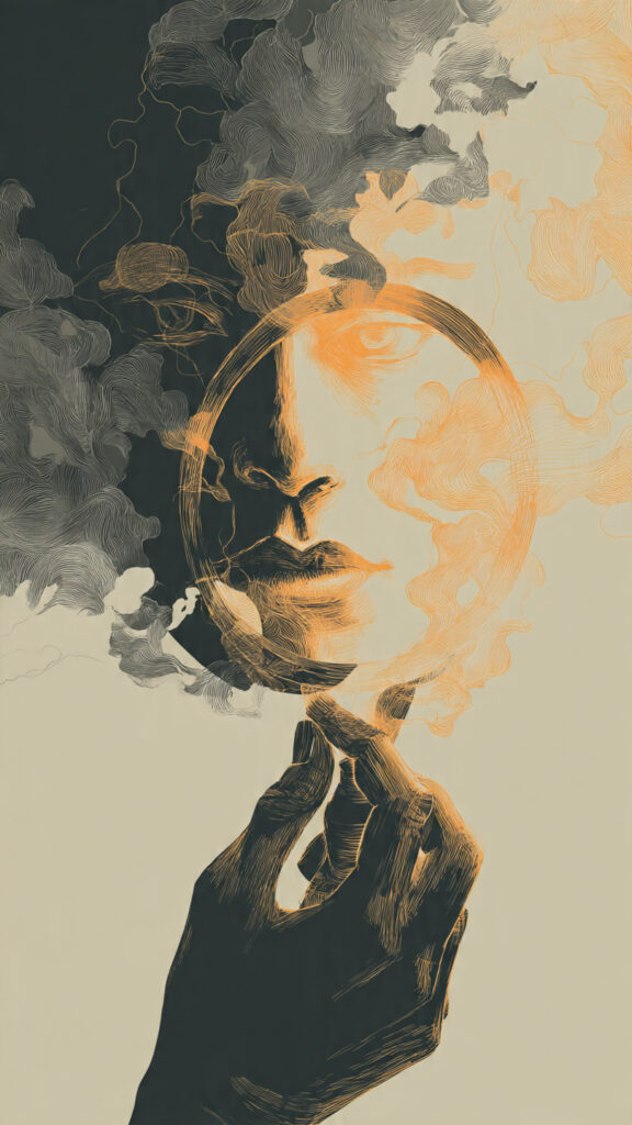 煙のような線描で描かれた人物の横顔と、その顔の一部を映し出す手鏡を持つ手のイラスト。オレンジと黒のコントラストが特徴的。