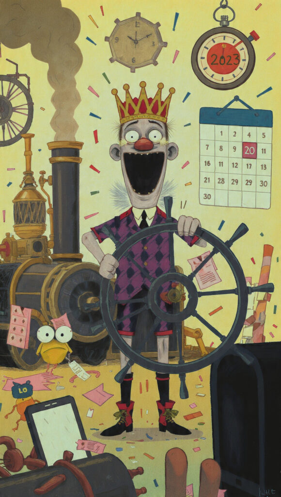 王冠をかぶった奇妙な男が蒸気機関車の前で舵輪を握り、満面の笑みで立っている。周囲には紙吹雪、驚いた顔のアヒル、カレンダー、懐中時計。床には書類やタブレットが散乱した、賑やかなカートゥーン風イラスト。