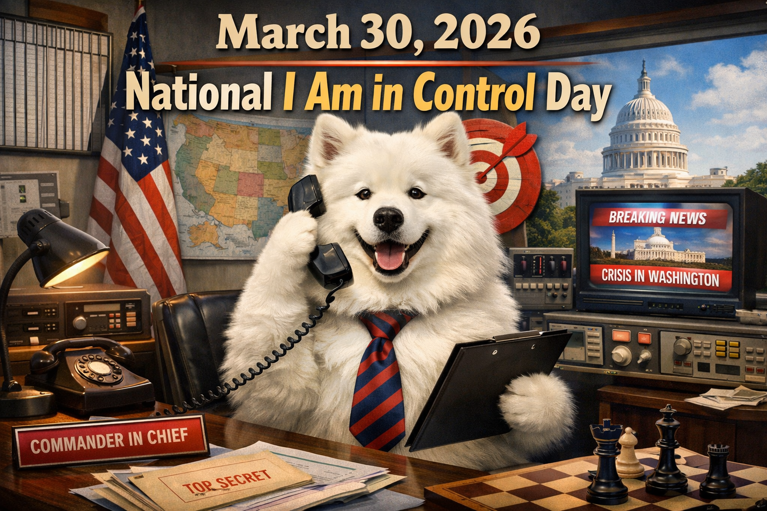 サモエドがネクタイを着けてホワイトハウス風の執務室で受話器を持ち、「Commander in Chief」のプレートの前に座っている。背後にはアメリカ国旗、地図、ダーツの的、Breaking Newsのテレビ画面が映る。「March 30, 2026 National I Am in Control Day」のテキスト入り。