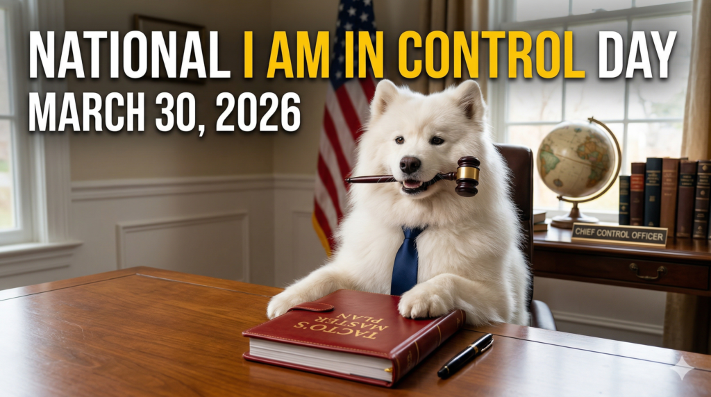 白いサモエドがネイビーのネクタイをつけ、木槌（ガベル）を口にくわえて大統領執務室風の部屋に座っている。デスクには「TACTO'S MASTER PLAN」と書かれた赤い本と「CHIEF CONTROL OFFICER」のプレート。背後には地球儀、書棚、アメリカ国旗。「NATIONAL I AM IN CONTROL DAY / MARCH 30, 2026」の太字テキスト入り横長画像。