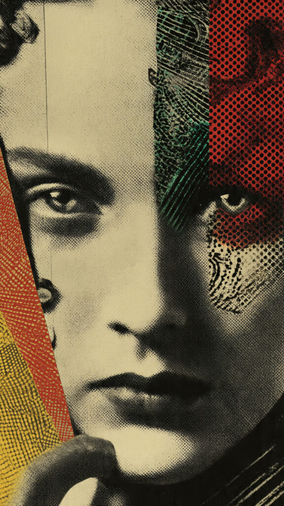 モノクロの人物の顔のアップに、赤・黄・緑のハーフトーンドット模様とテクスチャが重なったポップアート風コラージュ。鋭い眼差しがこちらを見つめる、緊張感のある縦型画像。