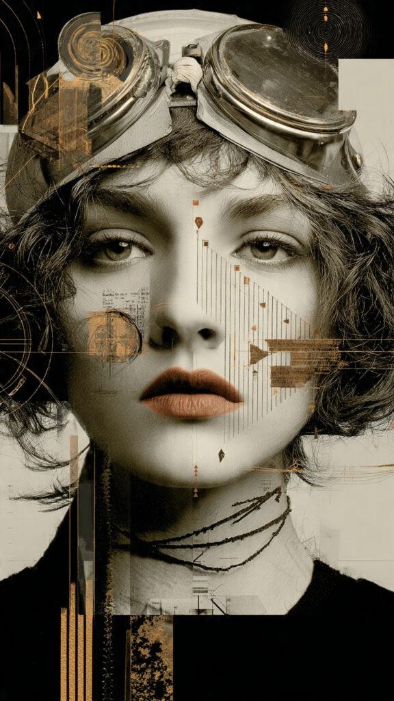 スチームパンク風のゴーグルを額に乗せた女性の顔に、金色の設計図・座標線・幾何学図形・手書き文字が重なったモノクロ×ゴールドのアートコラージュ。知性と意志を感じさせる縦型画像。