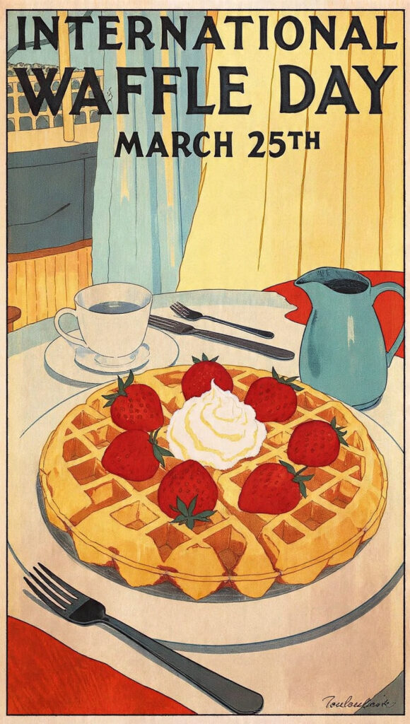 International Waffle Dayと書かれたポスターで、いちごとクリームを添えたワッフルが描かれている