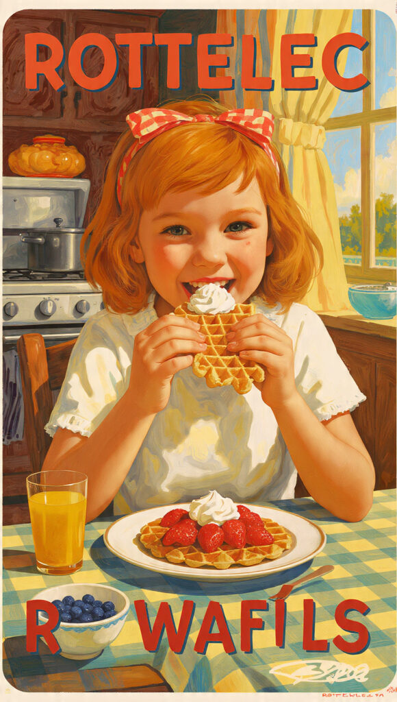 レトロポスター風のイラストで、少女がホイップクリーム付きワッフルを笑顔で食べている